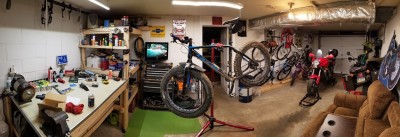 Shot of my garage and my 4 bicycles, Versys, and KLR.